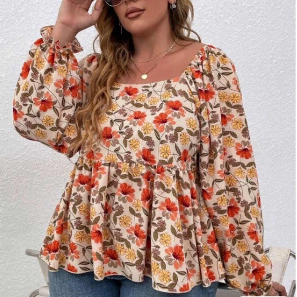 NWOT SHEIN Curve Plus Floral Print Lantern Sleeve Peplum Hem Blouse